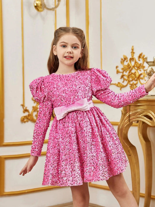 Mock-Neck Sequin A-Line Long-Sleeve Midi Tween Girls' Party Dress in Pink