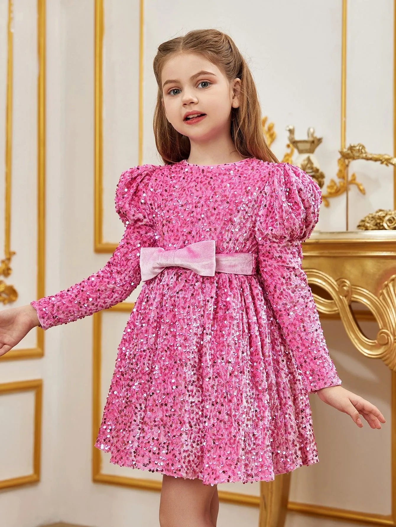 Additional product view of Mock-Neck Sequin A-Line Long-Sleeve Midi Tween Girls' Party Dress
