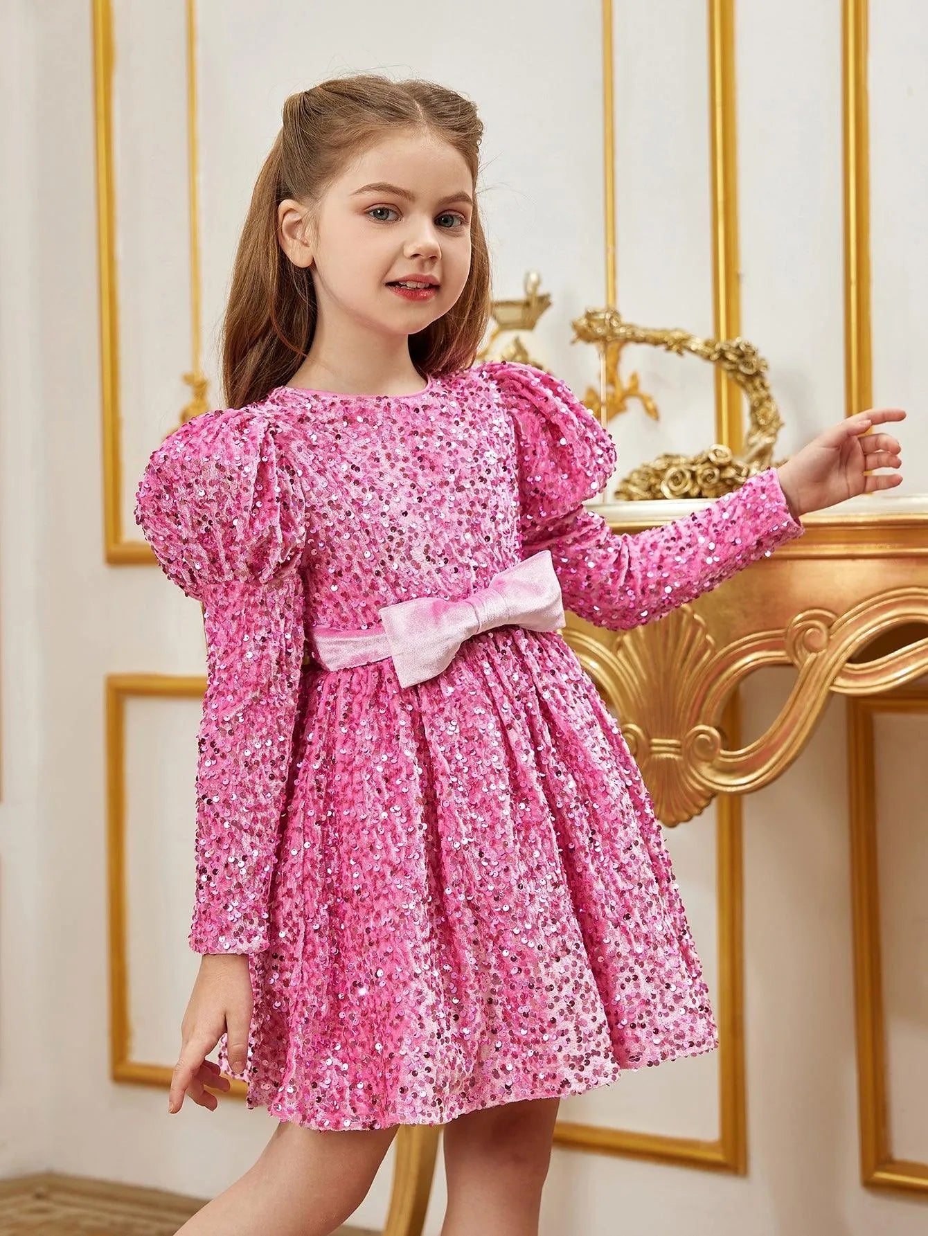 Additional product view of Mock-Neck Sequin A-Line Long-Sleeve Midi Tween Girls' Party Dress
