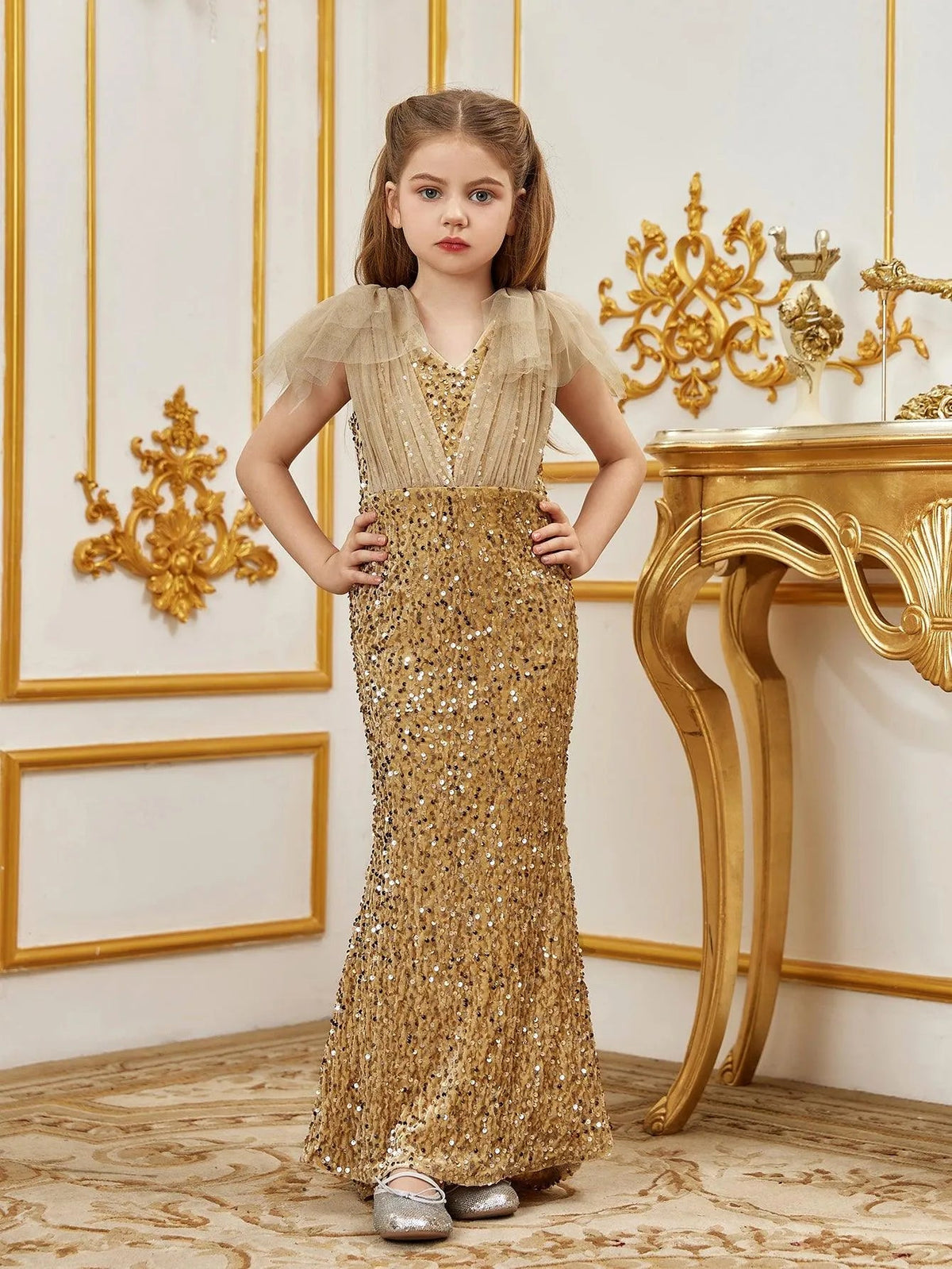 Additional product view of Cloak-Sleeve Mermaid Hem V-Neck Sequin Maxi Tween Girls' Party Dress