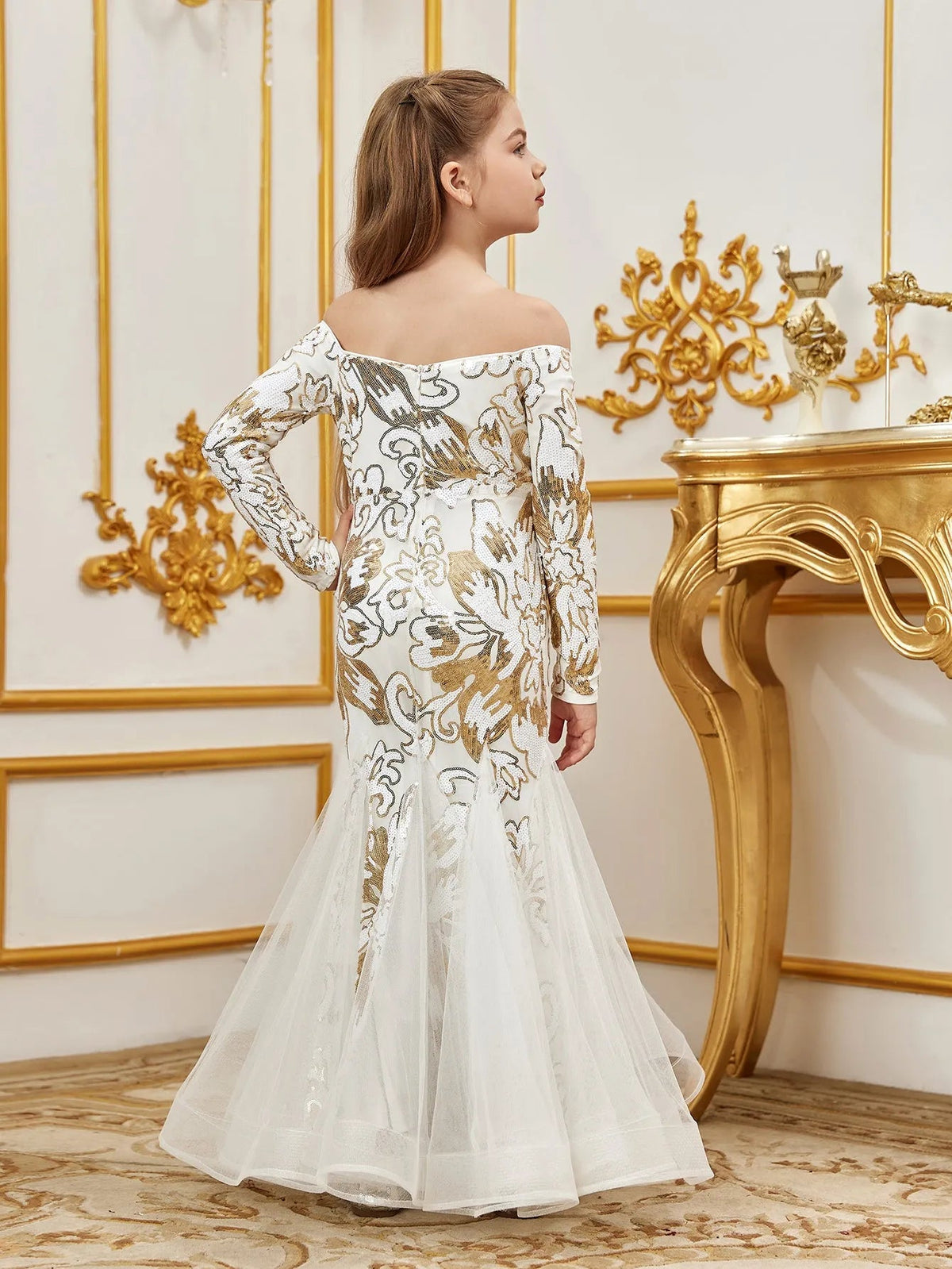 Additional product view of Contrast Mesh Mermaid Hem Off-Shoulder Sequin Long-Sleeve Tween Girls' Party Dress