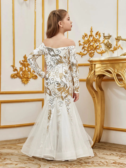 Additional product view of Contrast Mesh Mermaid Hem Off-Shoulder Sequin Long-Sleeve Tween Girls' Party Dress