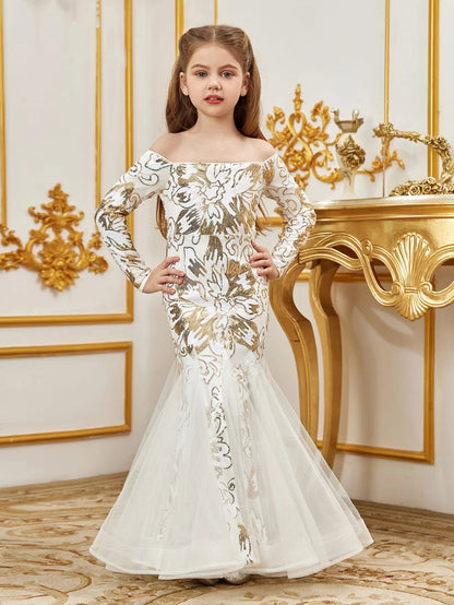 Additional product view of Contrast Mesh Mermaid Hem Off-Shoulder Sequin Long-Sleeve Tween Girls' Party Dress