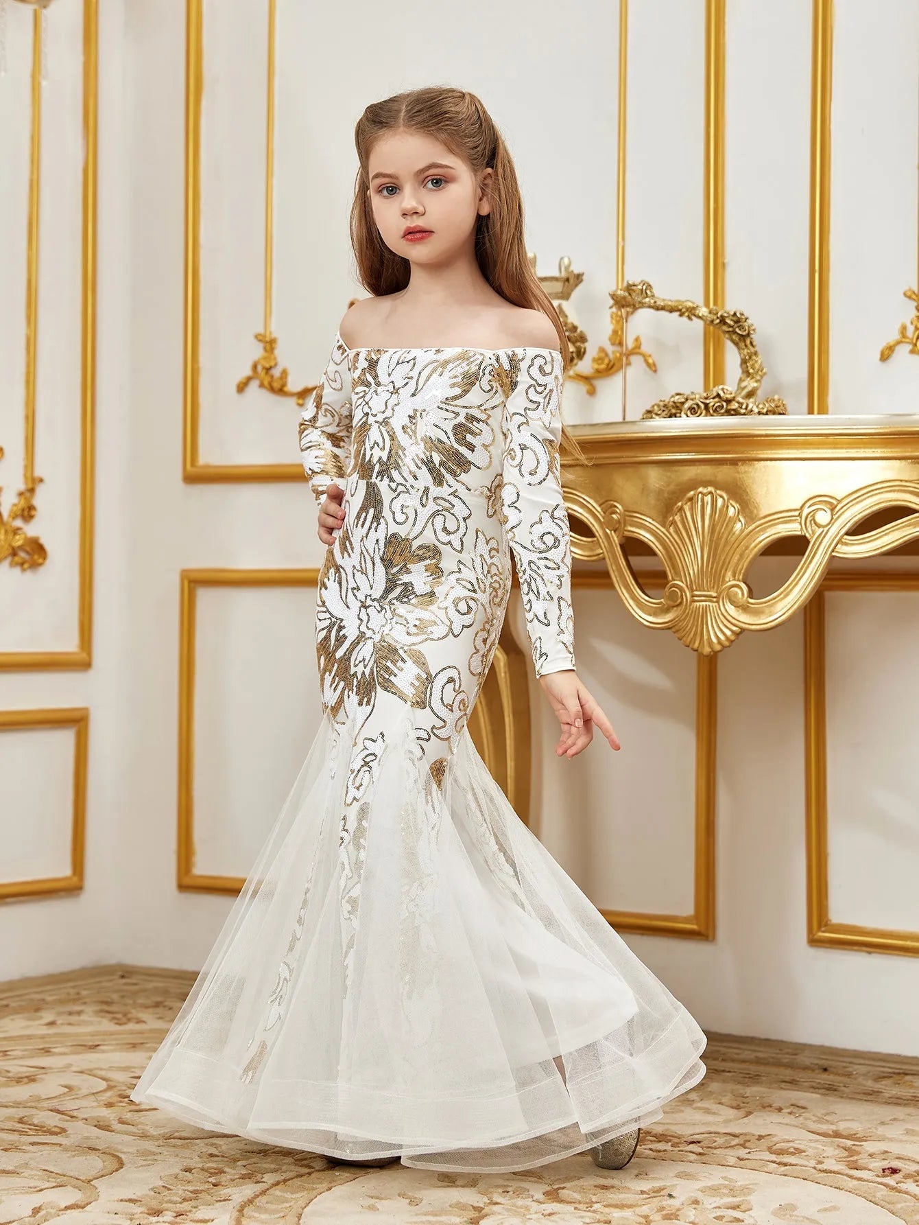 Additional product view of Contrast Mesh Mermaid Hem Off-Shoulder Sequin Long-Sleeve Tween Girls' Party Dress