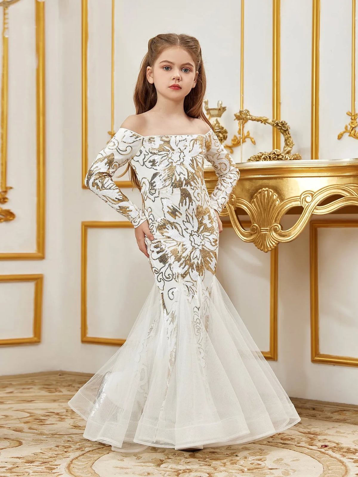 Additional product view of Contrast Mesh Mermaid Hem Off-Shoulder Sequin Long-Sleeve Tween Girls' Party Dress