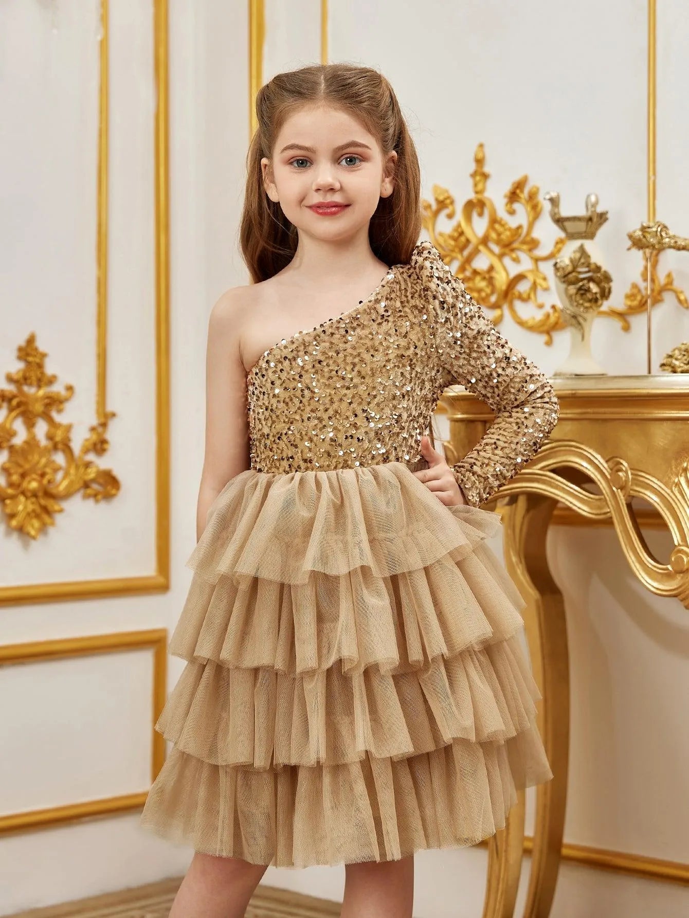 Alternate view of One-Shoulder Sequin A-Line Mesh Midi Tween Girls' Party Dress in Champagne