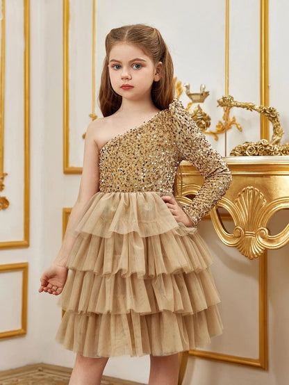 Additional product view of One-Shoulder Sequin A-Line Mesh Midi Tween Girls' Party Dress