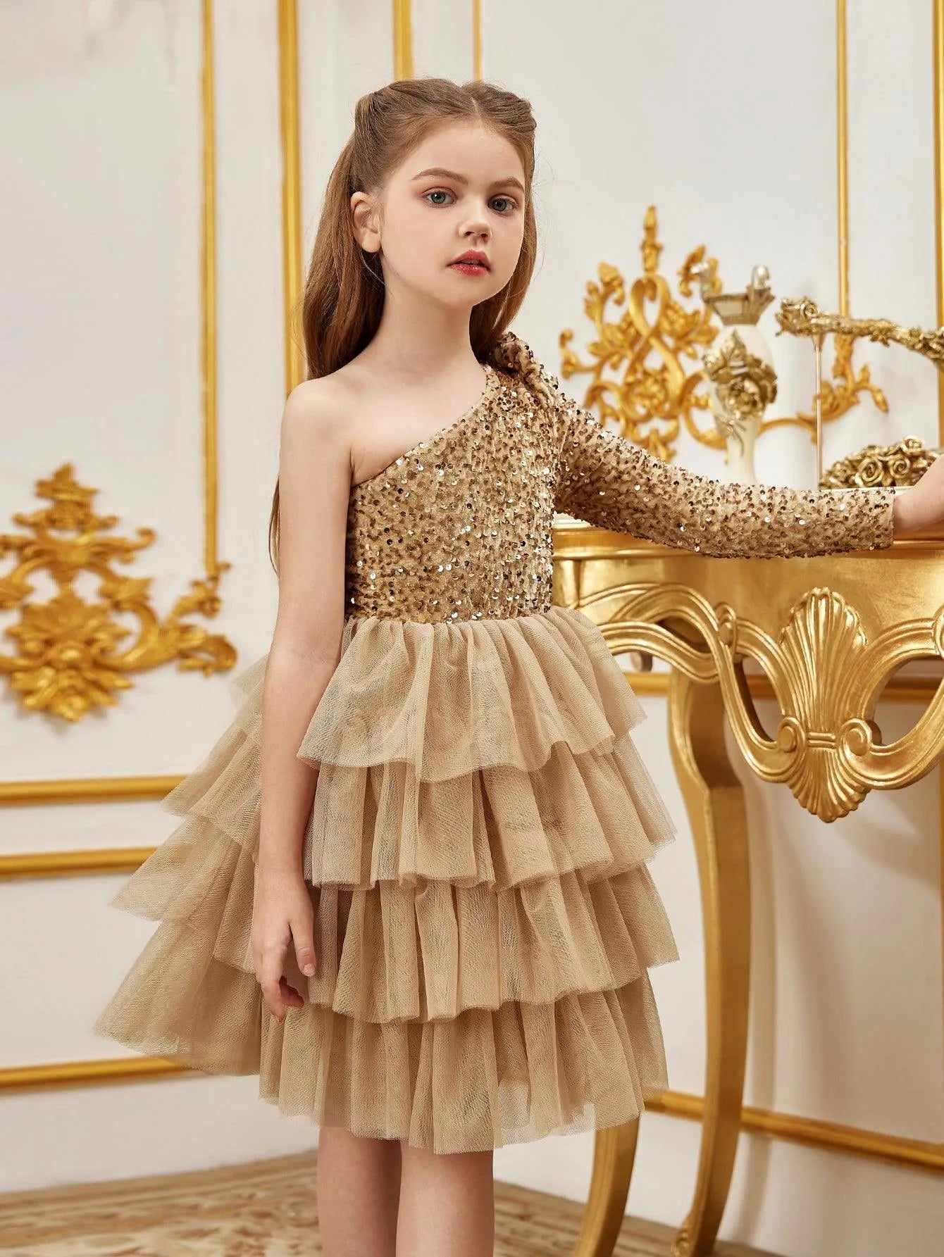 Additional product view of One-Shoulder Sequin A-Line Mesh Midi Tween Girls' Party Dress