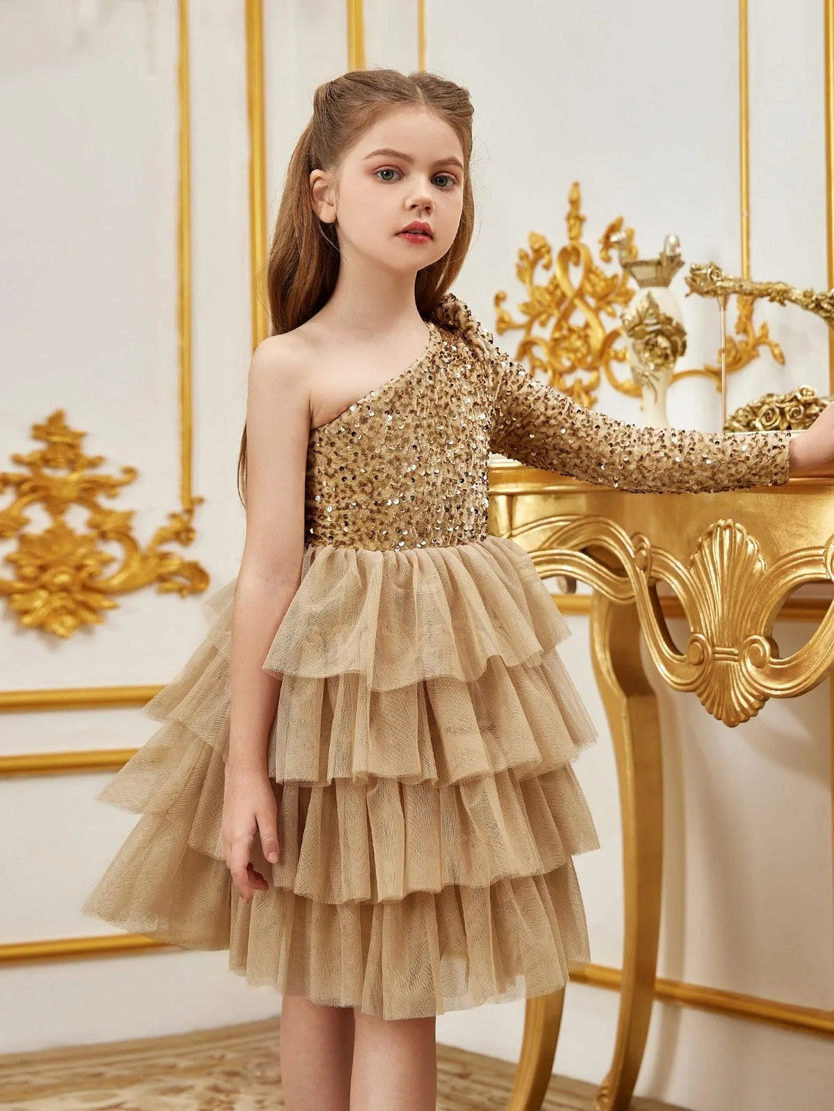 Additional product view of One-Shoulder Sequin A-Line Mesh Midi Tween Girls' Party Dress
