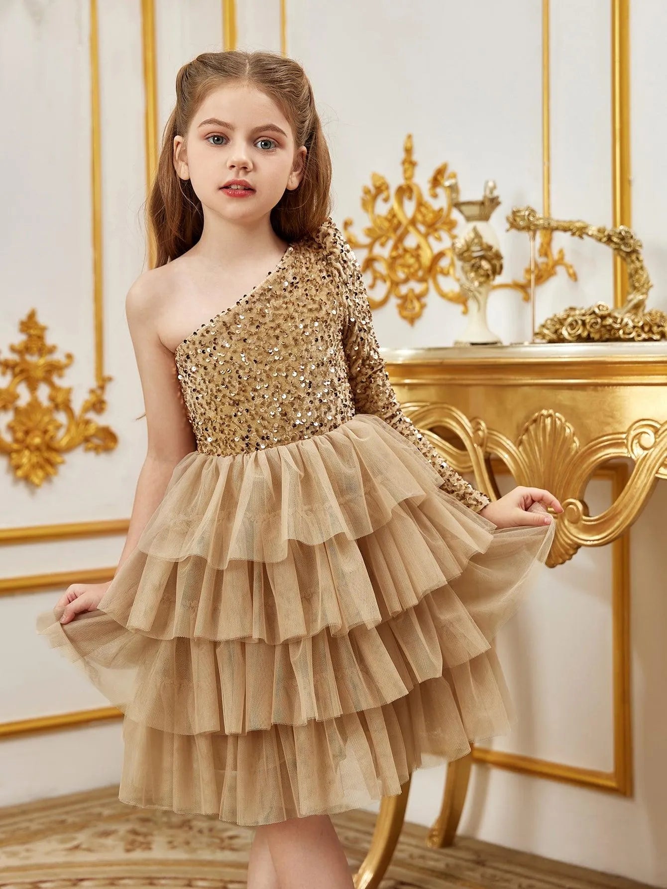 Additional product view of One-Shoulder Sequin A-Line Mesh Midi Tween Girls' Party Dress