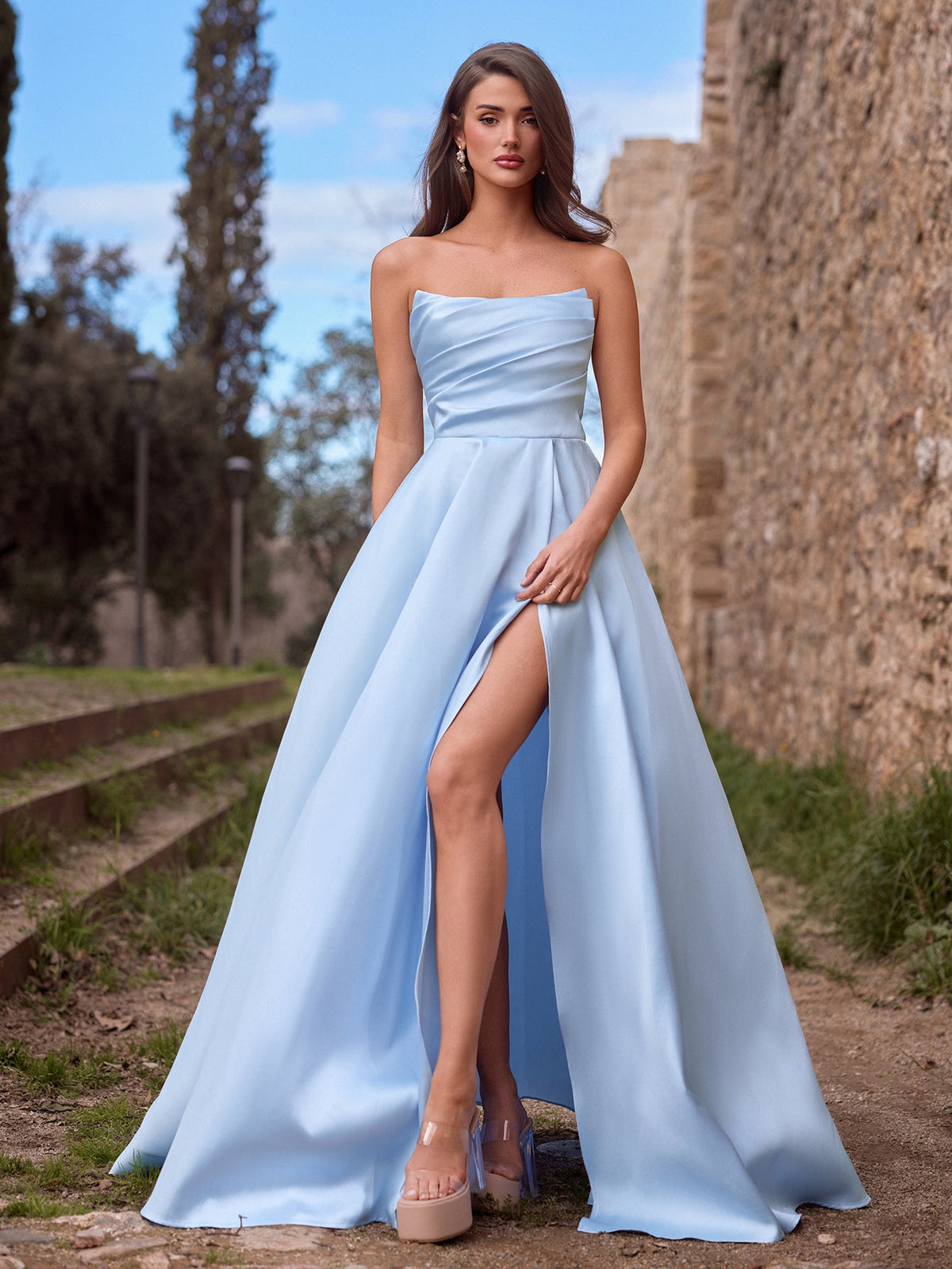 Additional view of Strapless Lace Satin Sleeveless A-Line Evening Gown