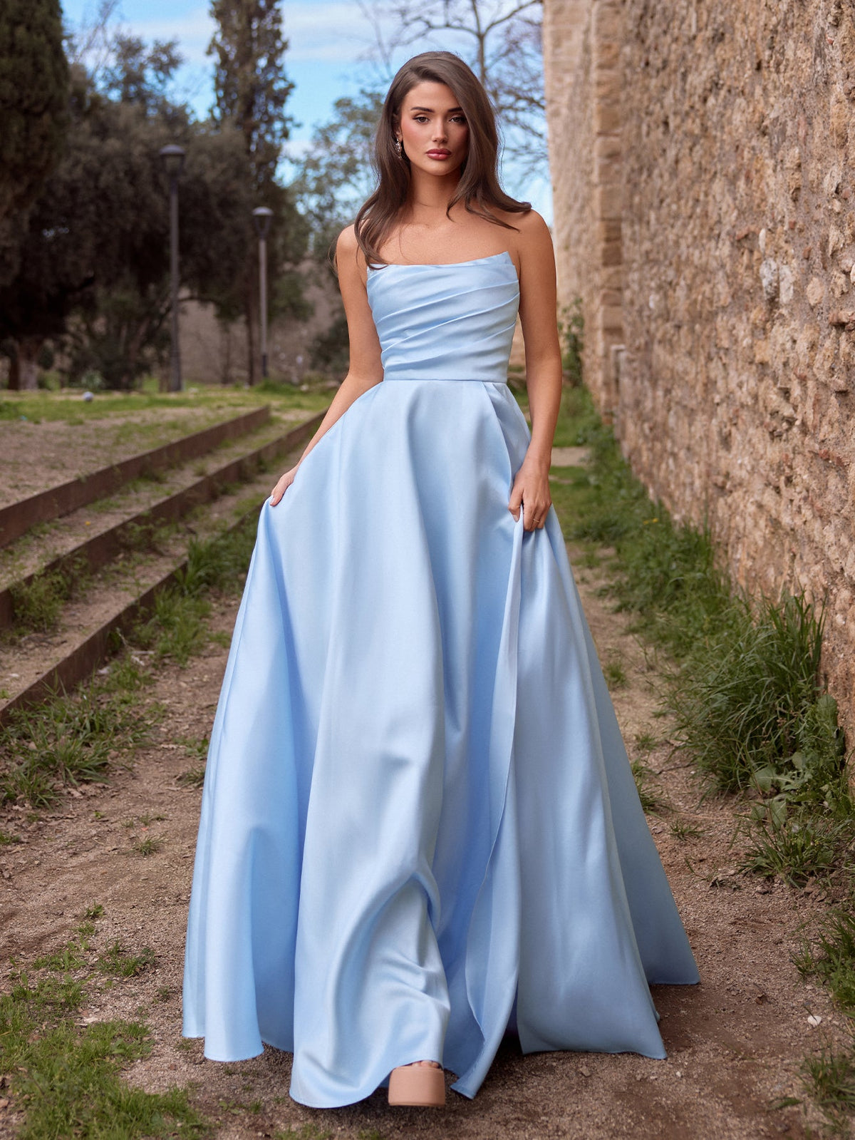 Additional view of Strapless Lace Satin Sleeveless A-Line Evening Gown