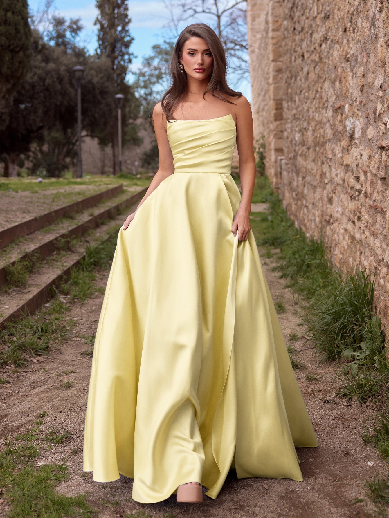Additional view of Strapless Lace Satin Sleeveless A-Line Evening Gown