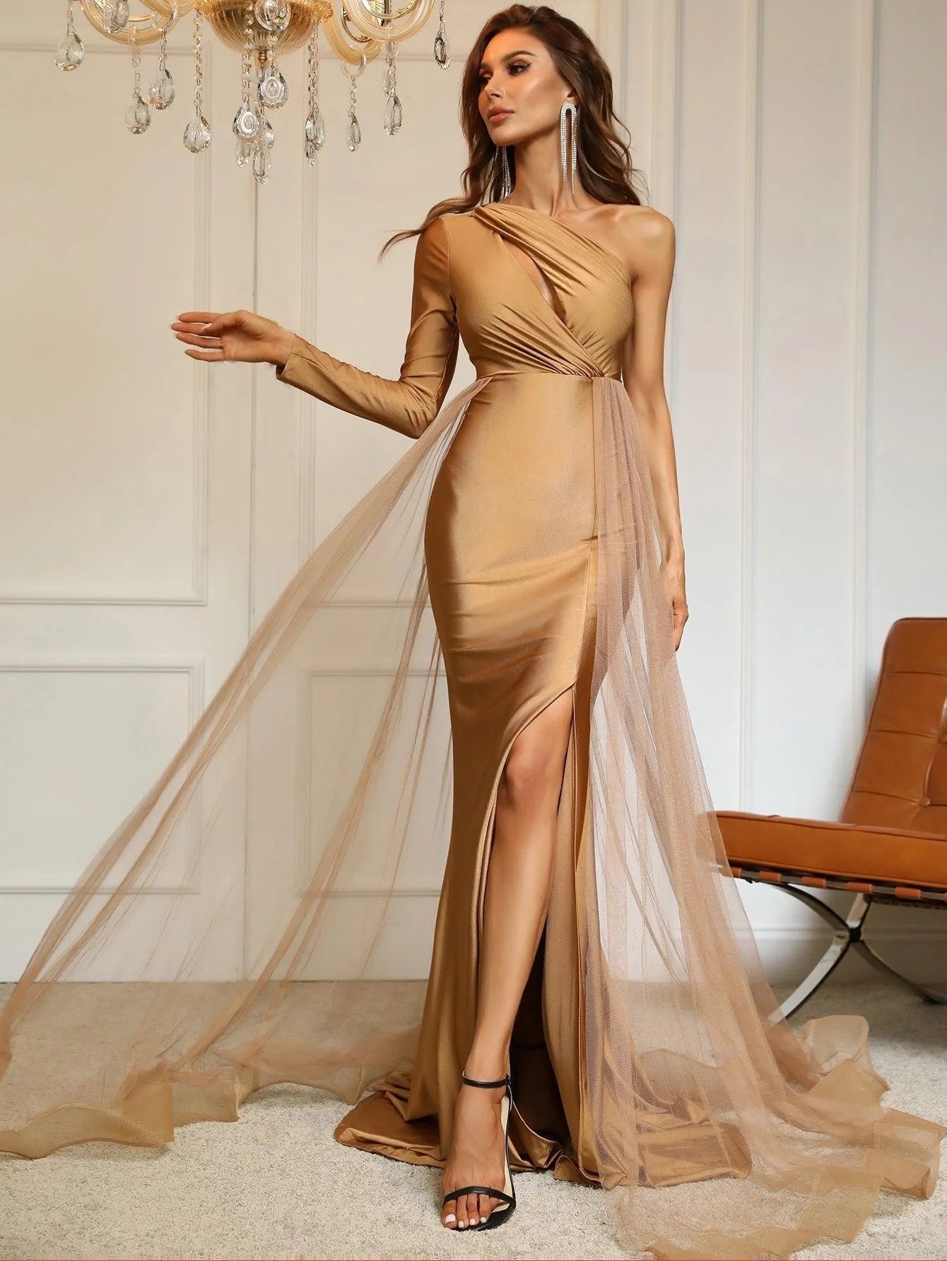 Additional product view of Contrast Mesh One-Shoulder Knit Cutout Mermaid Evening Gown