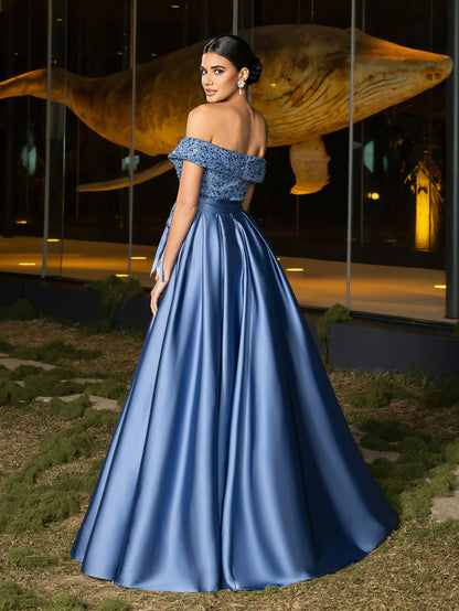 Elegant Off-Shoulder Evening Gown with Sequin Embellishments – High Slit Satin Skirt & Back Zipper for Luxury Weddings or Evening Glam, XS-XL
