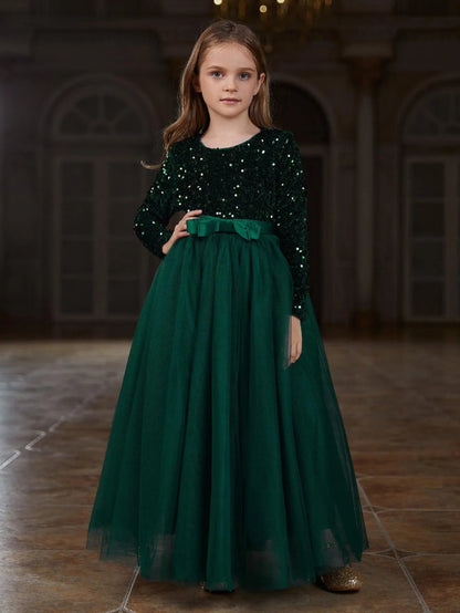 Additional product view of Sequin A-Line Long-Sleeve Mesh Maxi Tween Girls' Party Dress