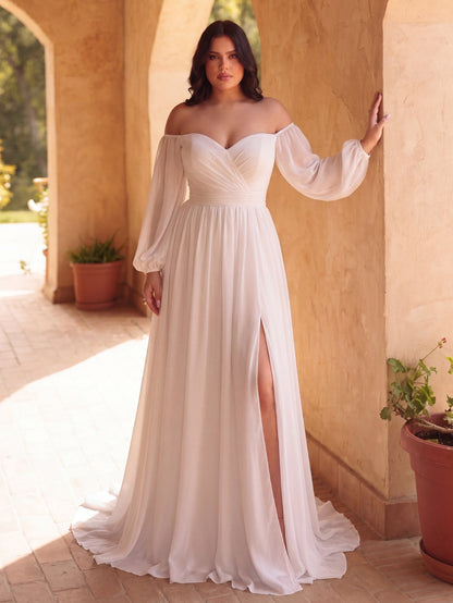 Plus-Size Off-Shoulder Chiffon Lantern-Sleeve A-Line Wedding Gown — authorized product image 3