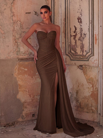 Elegant Strapless Sweetheart Neckline Mermaid Gown with Ruched Bodice, High Front Slit and Corset Back Lace-Up Detail | Evening Dress for Girls, Weddings, Formal Events