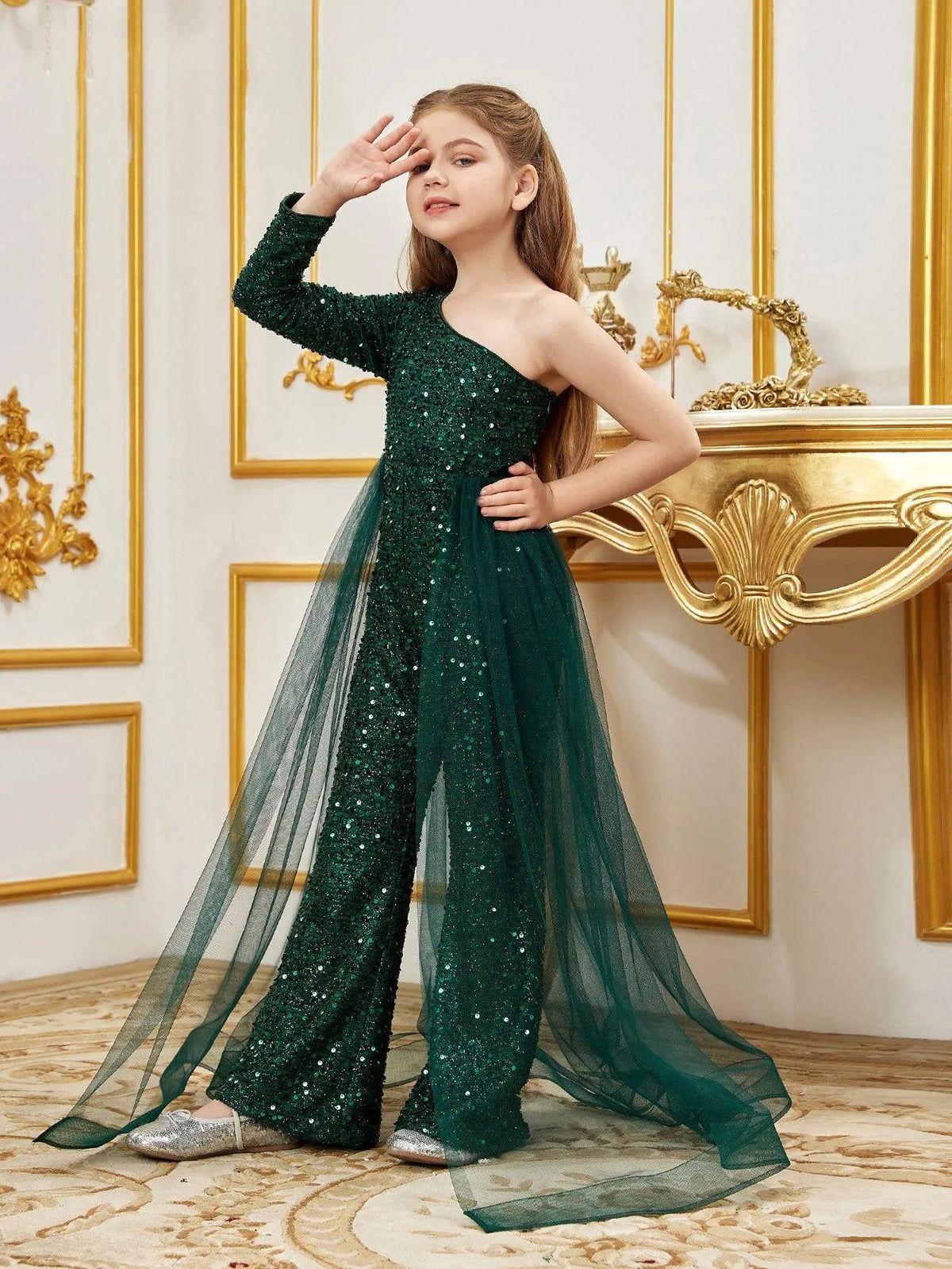 Tween Girls' One-Shoulder Sequin Long-Sleeve Jumpsuit — authorized product image 4