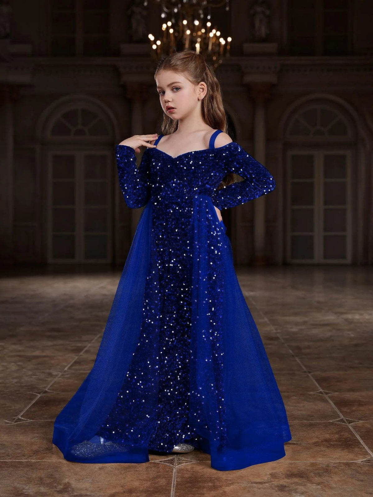 Additional product view of Mesh Overlay Off-Shoulder Sequin Mermaid Long-Sleeve Tween Girls' Party Dress