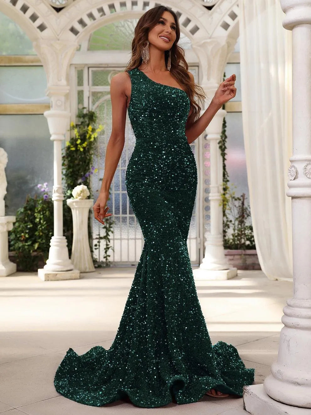 Additional product view of One-Shoulder Sequin Mermaid Sleeveless Maxi Evening Gown