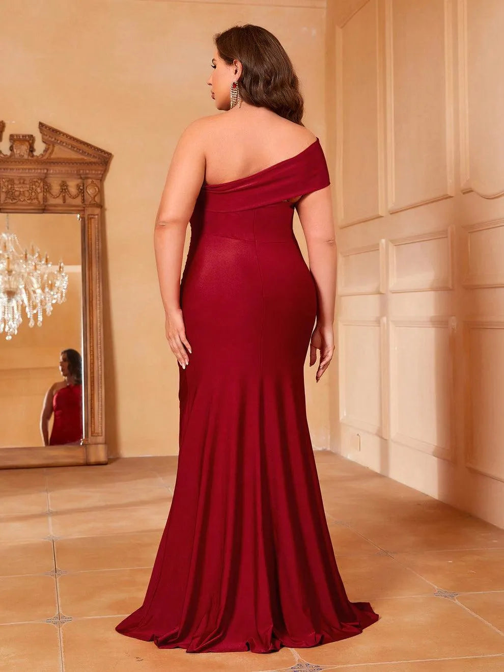 Additional product view of Mermaid Hem Plus-Size One-Shoulder Knit High-Slit Evening Gown