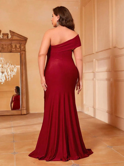Additional product view of Mermaid Hem Plus-Size One-Shoulder Knit High-Slit Evening Gown
