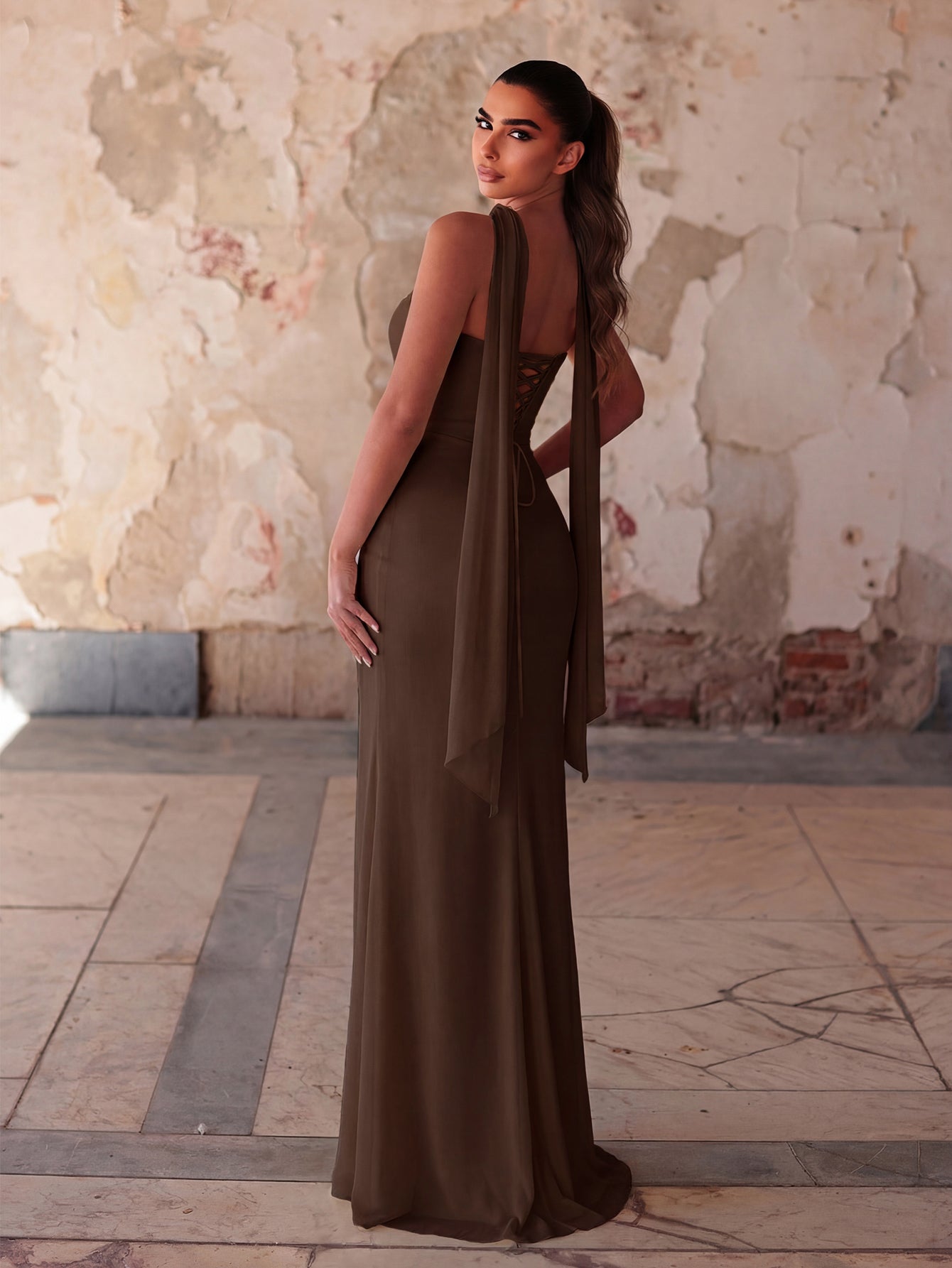 Additional product view of Lace-Up Back Strapless High-Slit Mermaid Sleeveless Evening Gown