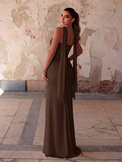 Additional product view of Lace-Up Back Strapless High-Slit Mermaid Sleeveless Evening Gown