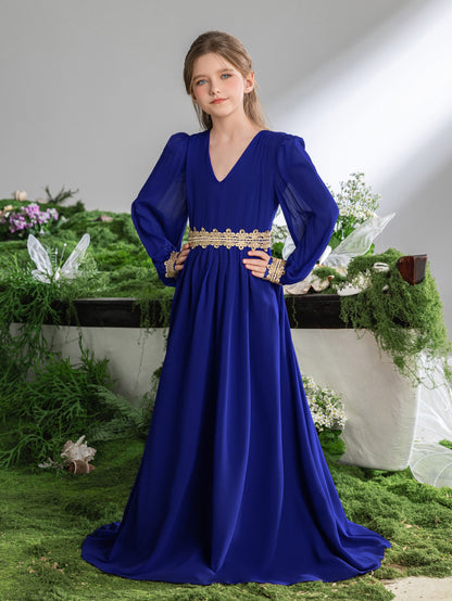 Tween Girls' Lace Trim Decoration V-neck Bishop Sleeves Chiffon Party Dress – view 16