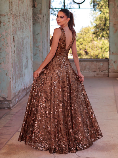 Plunging Neck Sleeveless Embroidered Sequin Dresses