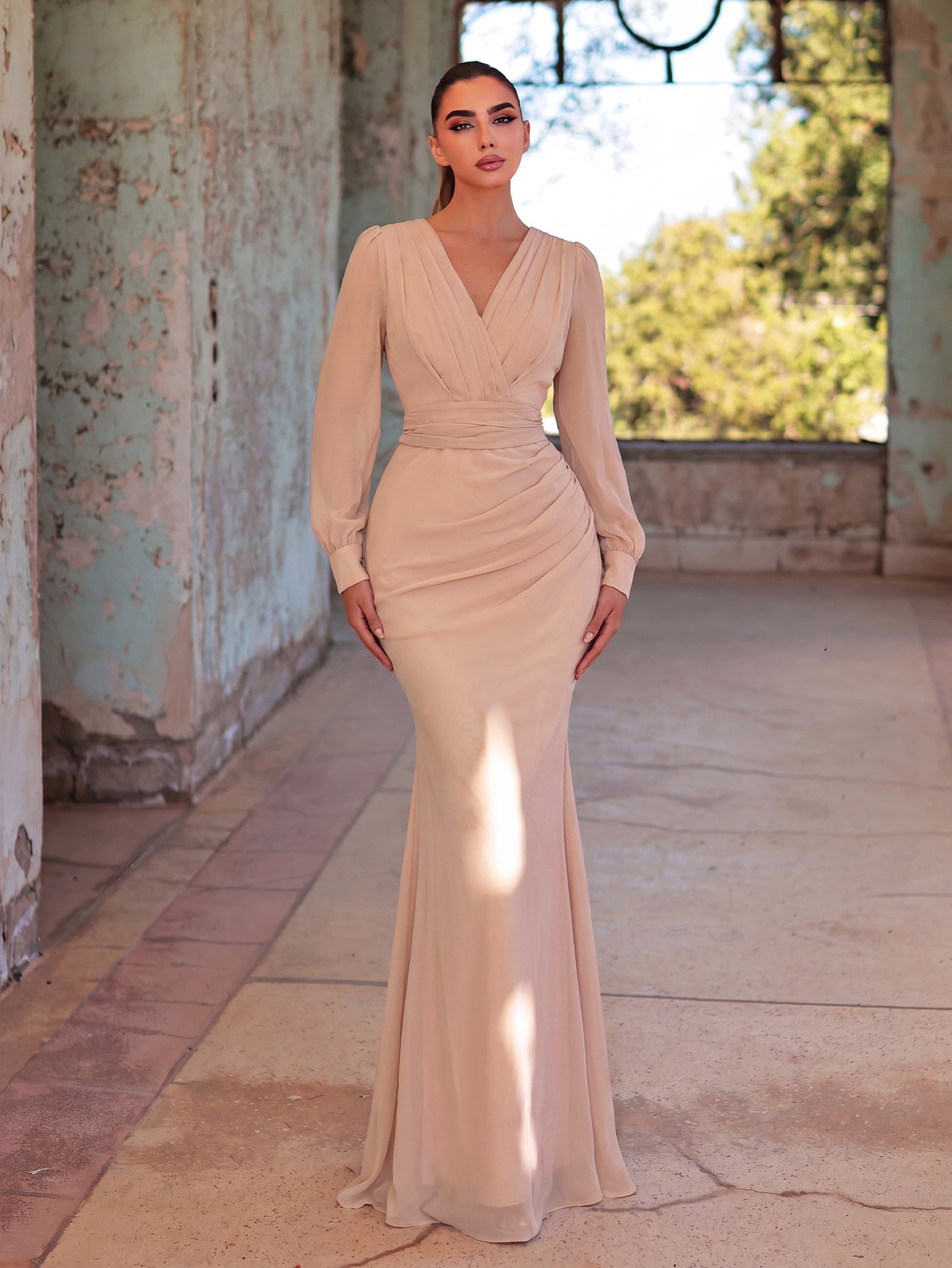 Alternate view of Surplice-Neck V-Neck Chiffon Mermaid Long-Sleeve Evening Gown in Champagne