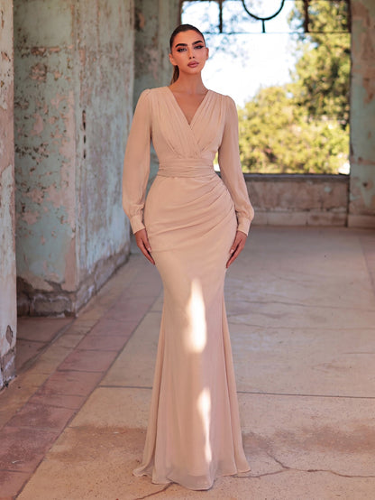 Alternate view of Surplice-Neck V-Neck Chiffon Mermaid Long-Sleeve Evening Gown in Champagne
