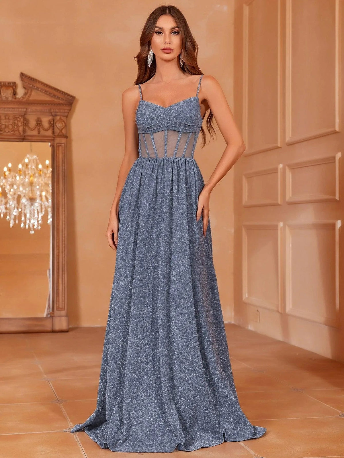 Additional product view of Cami Strap A-Line Sleeveless Maxi Evening Gown