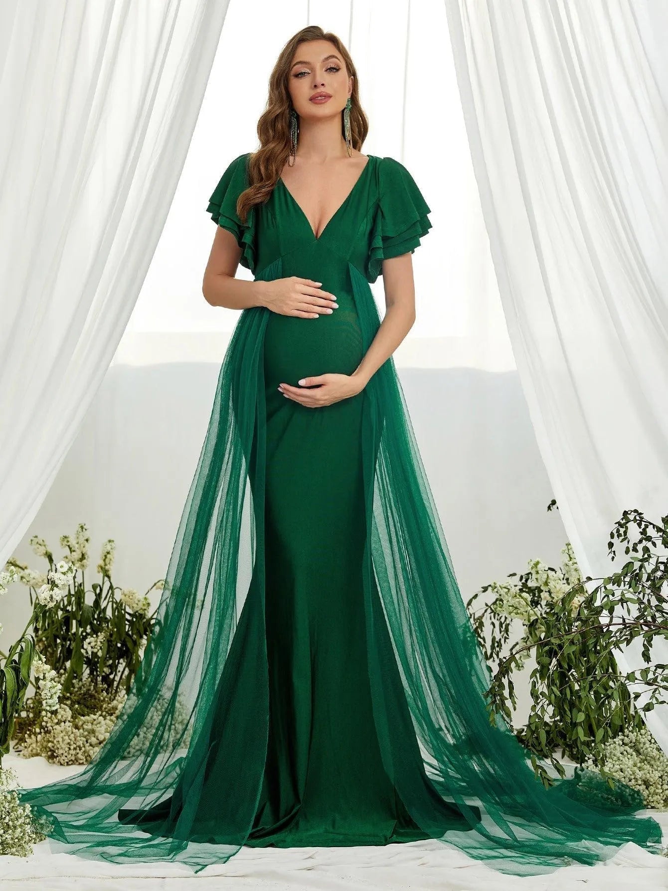 Maternity V-Neck Ruffle-Sleeve Mermaid Evening Dress - product image 7
