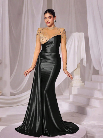 Rhinestone Detail Mock Neck Satin Mermaid Prom Dress - Elonnashop