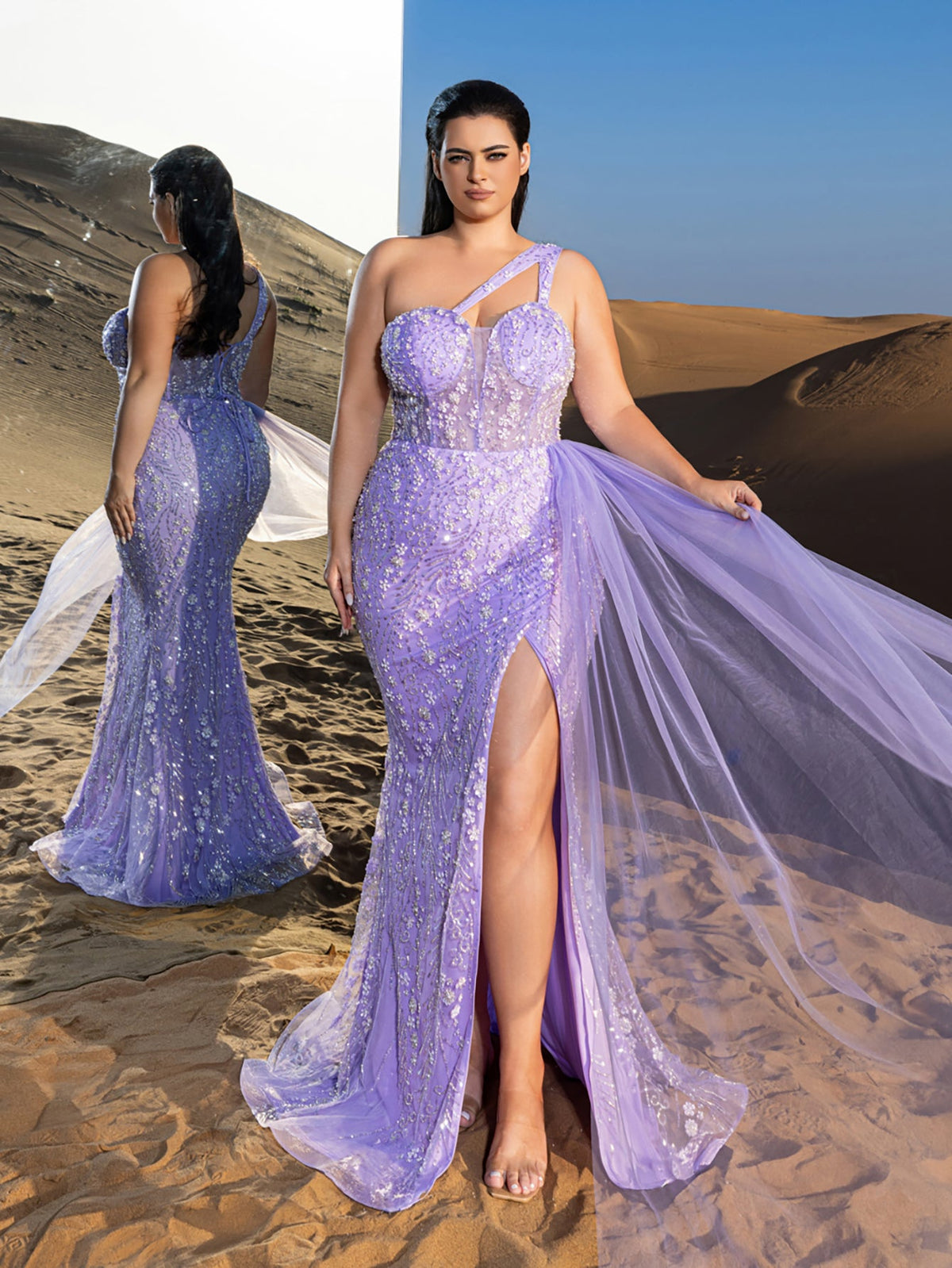 Plus-Size One-Shoulder Split Thigh Mermaid Hem Evening Gown — authorized product image 4