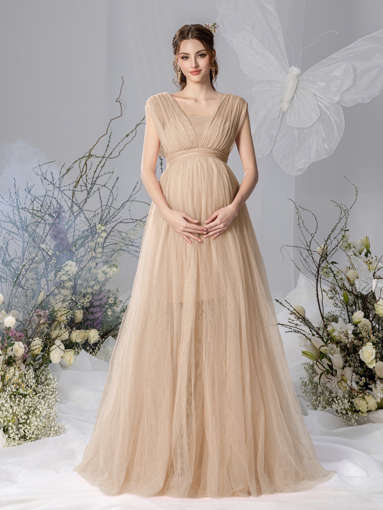 Maternity V-Neck Backless Mesh Party Dress