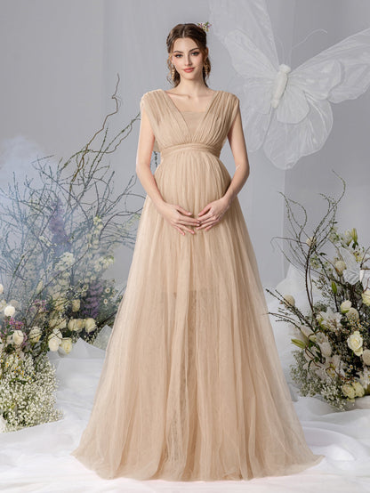Maternity V-Neck Backless Mesh Party Dress