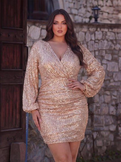 Plus-Size V-Neck Lantern Sleeve Sequin Bodycon Dress — authorized product image 1