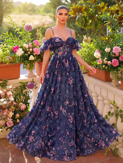 Floral Tulle Off Shoulder Cascading Ruffle Hem Slip Prom Dress