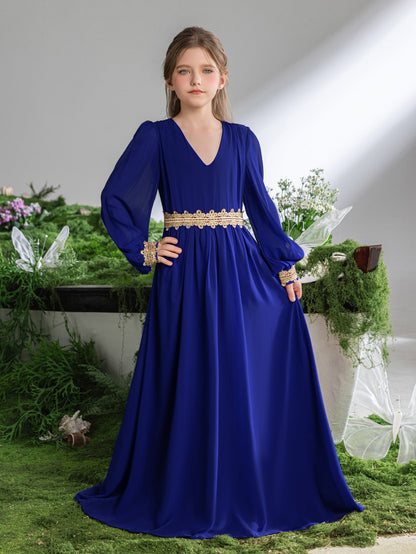 Tween Girls' Lace Trim Decoration V-neck Bishop Sleeves Chiffon Party Dress – view 17
