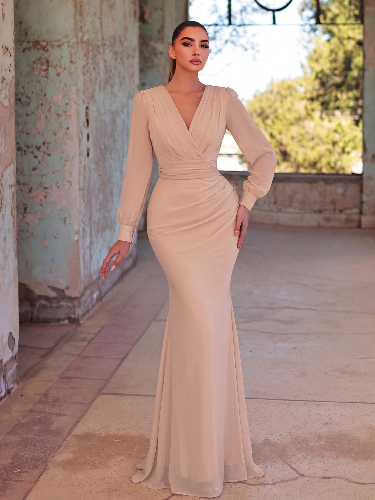 Additional product view of Surplice-Neck V-Neck Chiffon Mermaid Long-Sleeve Evening Gown