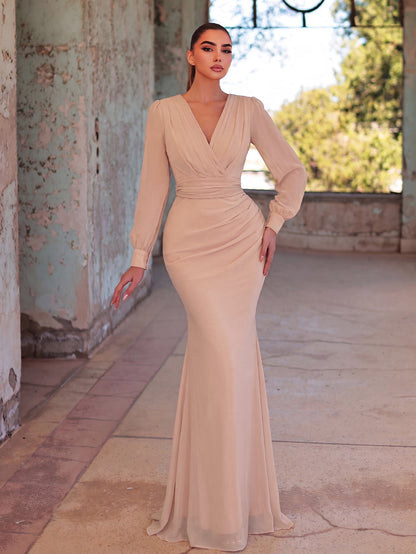 Additional product view of Surplice-Neck V-Neck Chiffon Mermaid Long-Sleeve Evening Gown