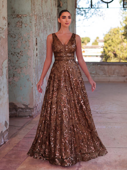 Plunging Neck Sleeveless Embroidered Sequin Dresses