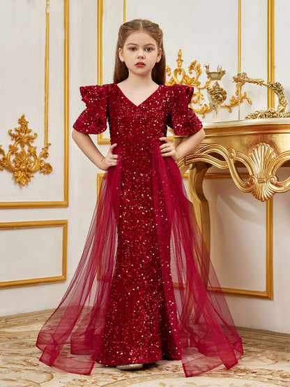 Additional product view of Mesh Overlay V-Neck Sequin Mermaid Short-Sleeve Tween Girls' Party Dress