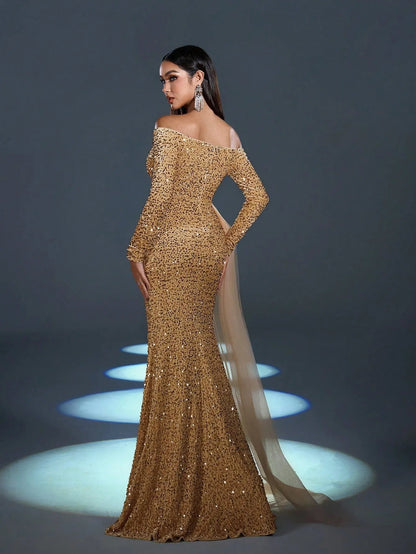 Elegant Off Shoulder Lone Sleeves Split Thigh Sequin Evening Dress