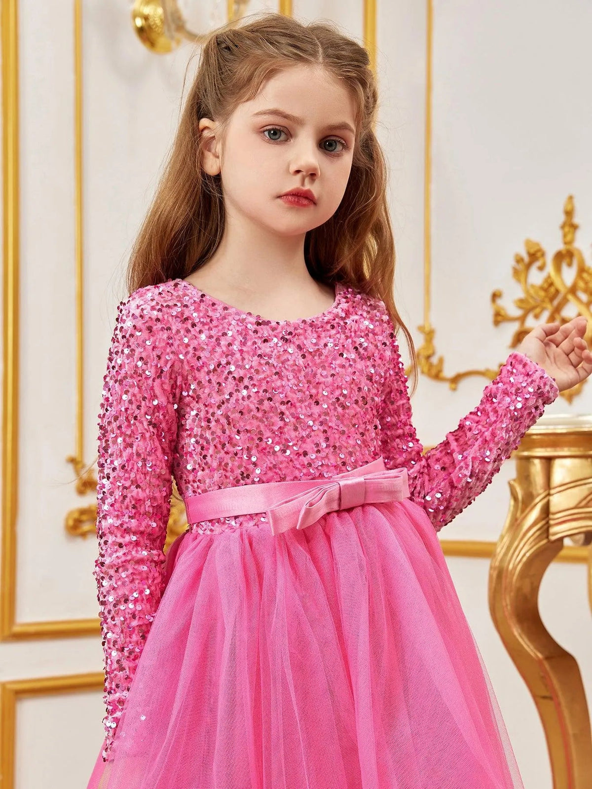Additional product view of Sequin A-Line Long-Sleeve Mesh Maxi Tween Girls' Party Dress