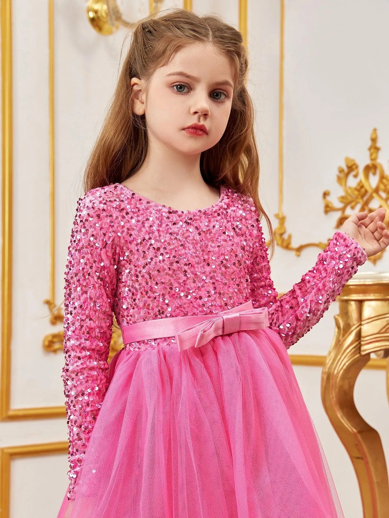Additional product view of Sequin A-Line Long-Sleeve Mesh Maxi Tween Girls' Party Dress