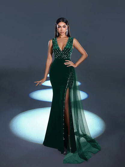 V-Neck Velvet Sleeveless Mermaid Evening Gown in Dark Green